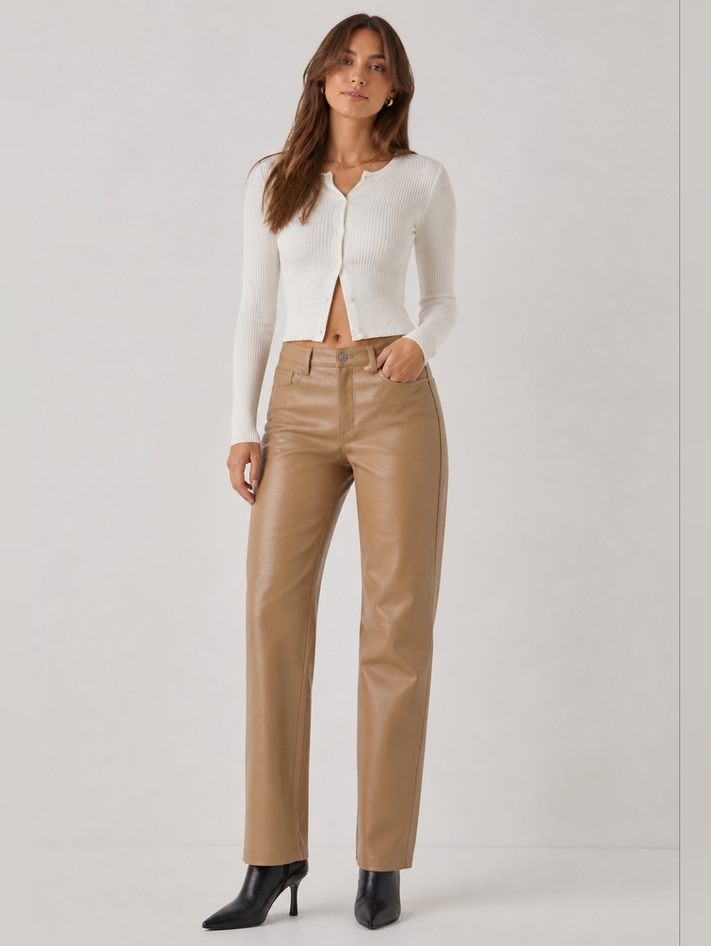 Aritzia Wilfred Cognac Faux Leather Straight Leg Pants Size 4 Vegan Leather